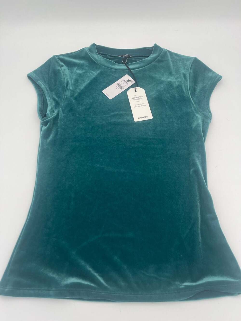 Express Body Contour Short Cap Sleeve Velvet green jewel tone fitted Top NEW S
